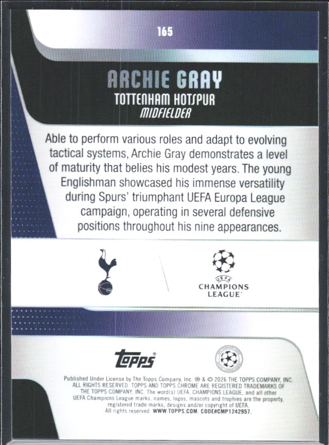 2025-26 Topps Chrome UEFA Club Competitions #165 Archie Gray – baksida