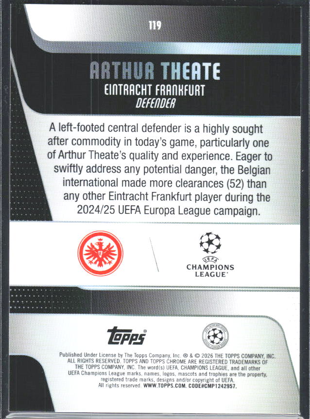 2025-26 Topps Chrome UEFA Club Competitions #119 Arthur Theate – baksida