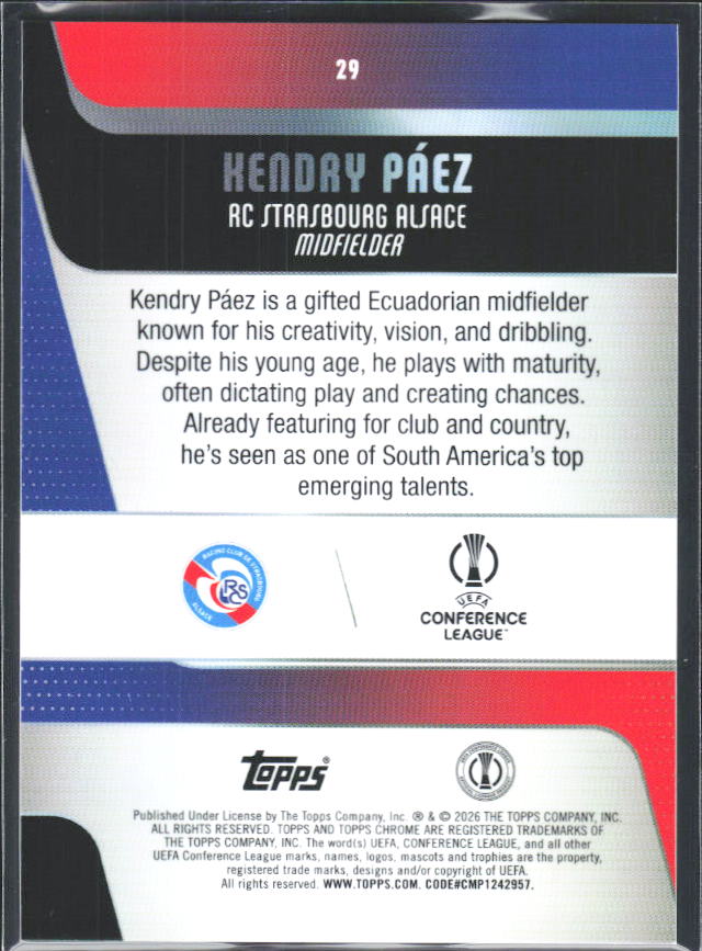 2025-26 Topps Chrome UEFA Club Competitions #29 Kendry Páez – baksida