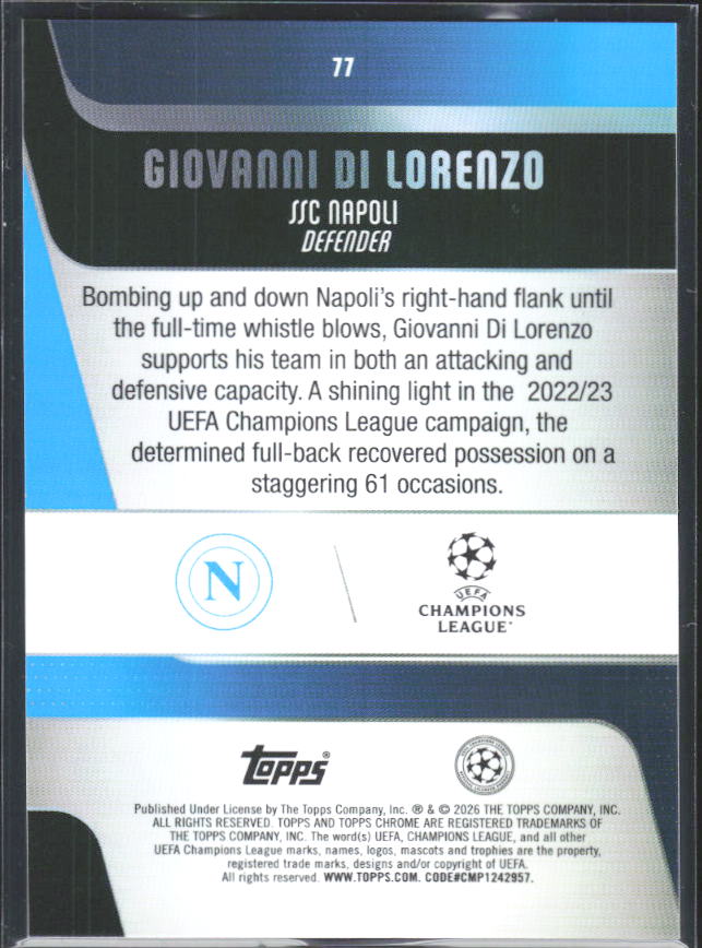 2025-26 Topps Chrome UEFA Club Competitions #77 Giovanni Di Lorenzo – baksida