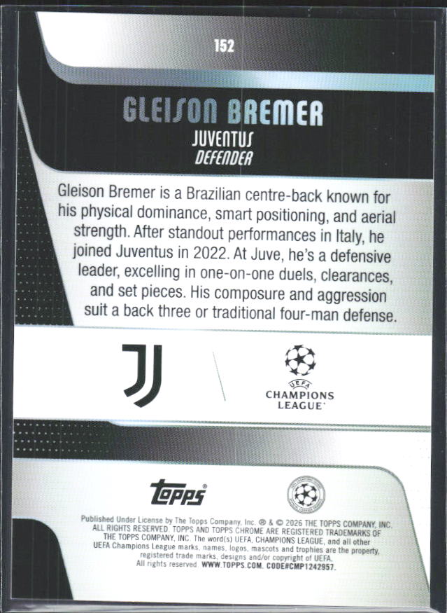 2025-26 Topps Chrome UEFA Club Competitions #152 Gleison Bremer – baksida