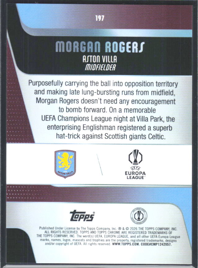 2025-26 Topps Chrome UEFA Club Competitions #197 Morgan Rogers – baksida