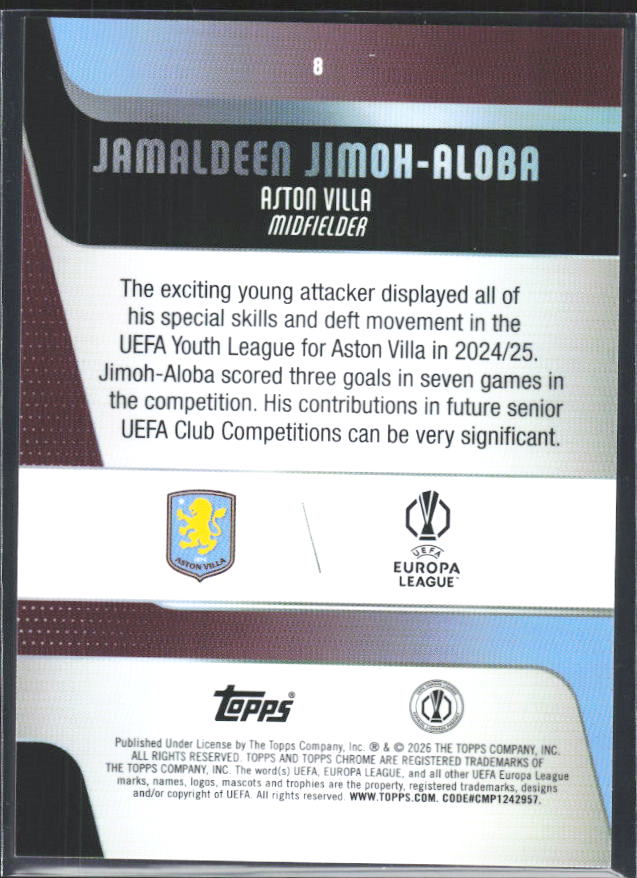 2025-26 Topps Chrome UEFA Club Competitions #8 Jamaldeen Jimoh-Aloba – baksida