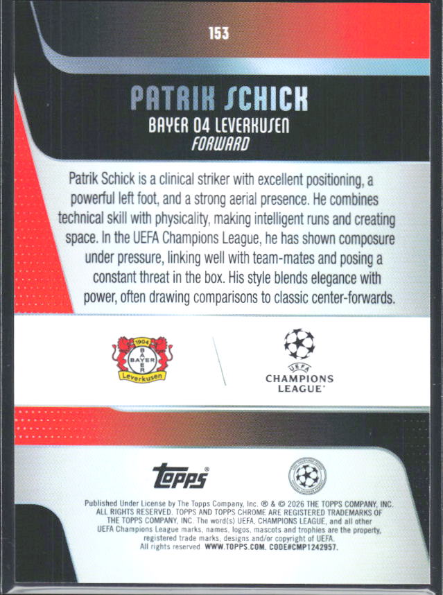 2025-26 Topps Chrome UEFA Club Competitions #153 Patrik Schick – baksida
