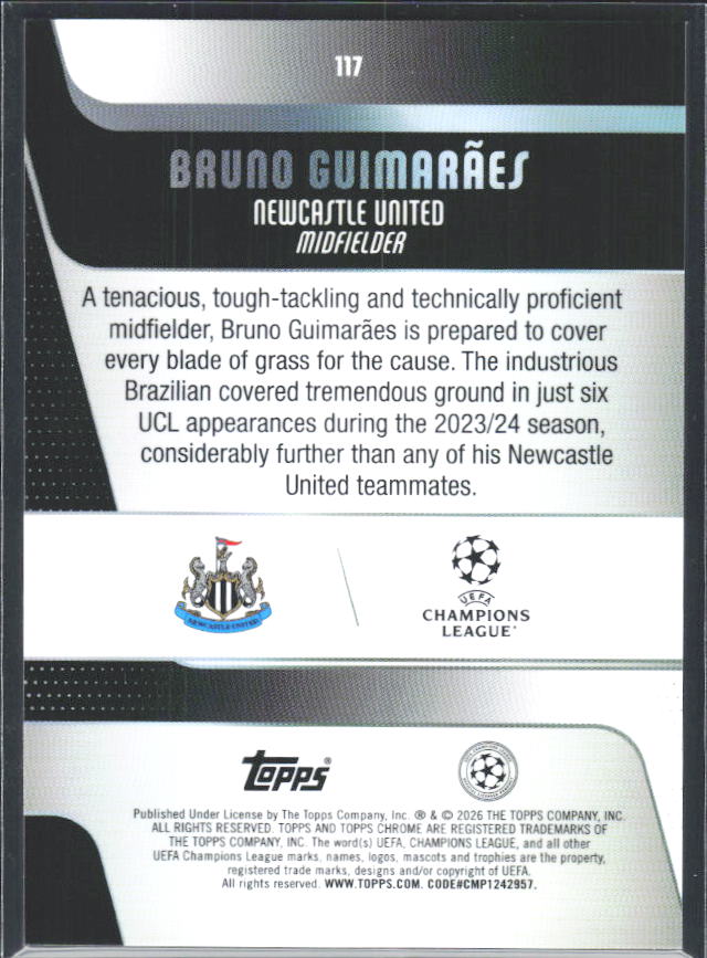 2025-26 Topps Chrome UEFA Club Competitions #117 Bruno Guimarães – baksida