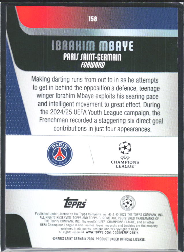2025-26 Topps Chrome UEFA Club Competitions #158 Ibrahim Mbaye – baksida
