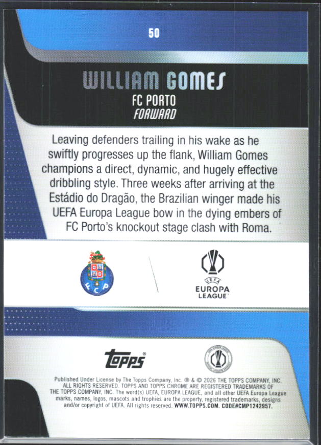 2025-26 Topps Chrome UEFA Club Competitions #50 William Gomes – baksida