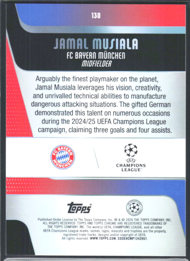 2025-26 Topps Chrome UEFA Club Competitions #130 Jamal Musiala – baksida