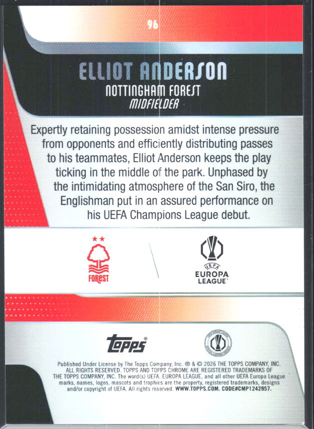 2025-26 Topps Chrome UEFA Club Competitions #96 Elliot Anderson – baksida