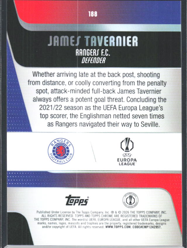 2025-26 Topps Chrome UEFA Club Competitions #188 James Tavernier – baksida