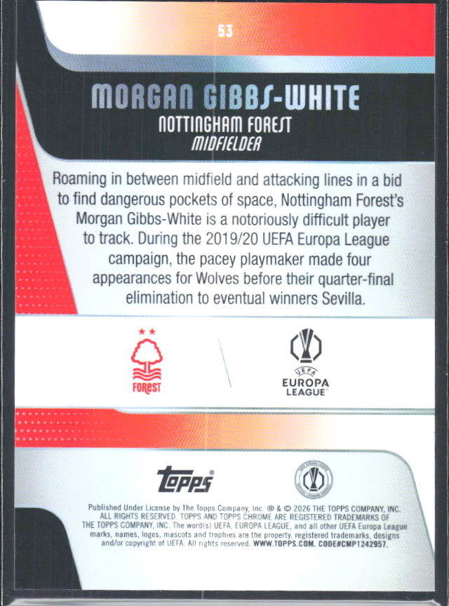 2025-26 Topps Chrome UEFA Club Competitions #53 Morgan Gibbs-White – baksida