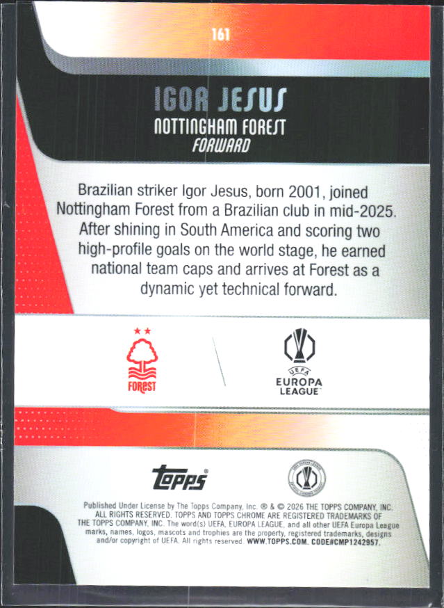 2025-26 Topps Chrome UEFA Club Competitions #161 Igor Jesus – baksida