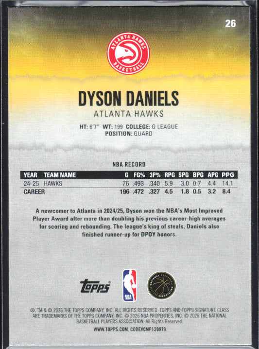 2025-26 Topps Signature Class #26 Dyson Daniels – baksida