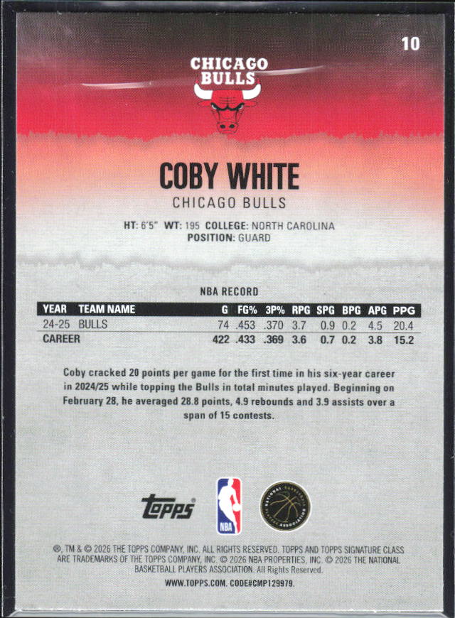 2025-26 Topps Signature Class #10 Coby White – baksida