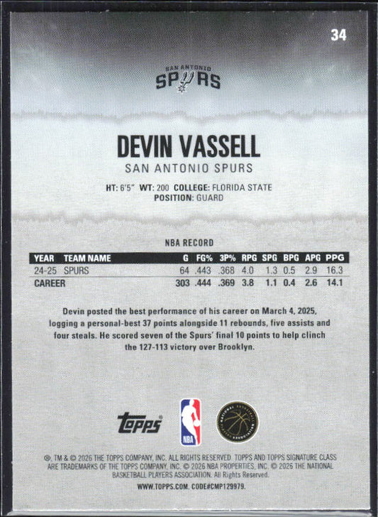 2025-26 Topps Signature Class #34 Devin Vassell – baksida