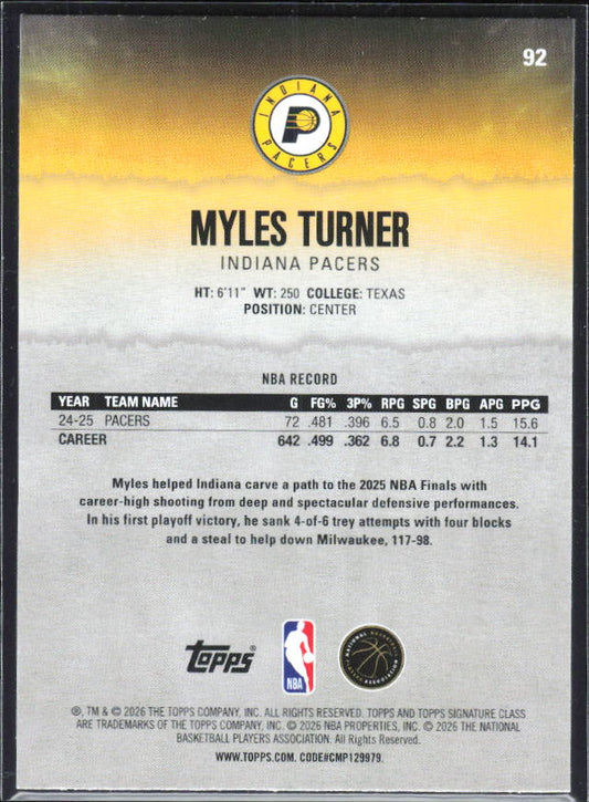 2025-26 Topps Signature Class #92 Myles Turner – baksida