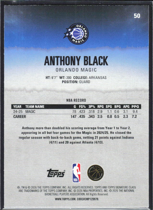 2025-26 Topps Signature Class #50 Anthony Black – baksida