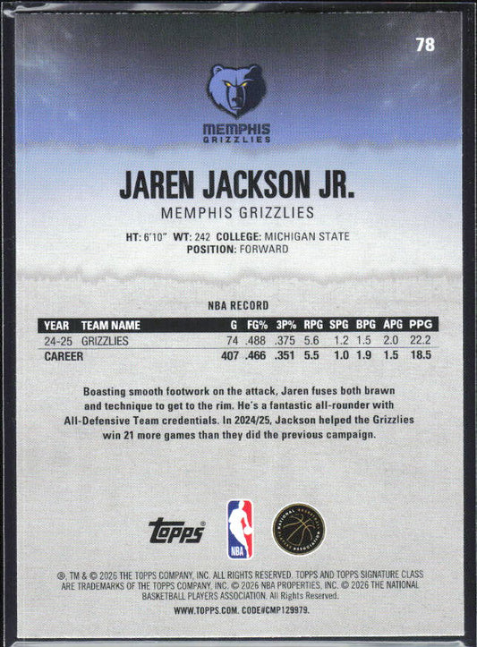 2025-26 Topps Signature Class #78 Jaren Jackson Jr. – baksida