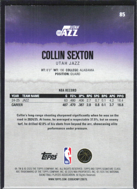 2025-26 Topps Signature Class #85 Collin Sexton – baksida