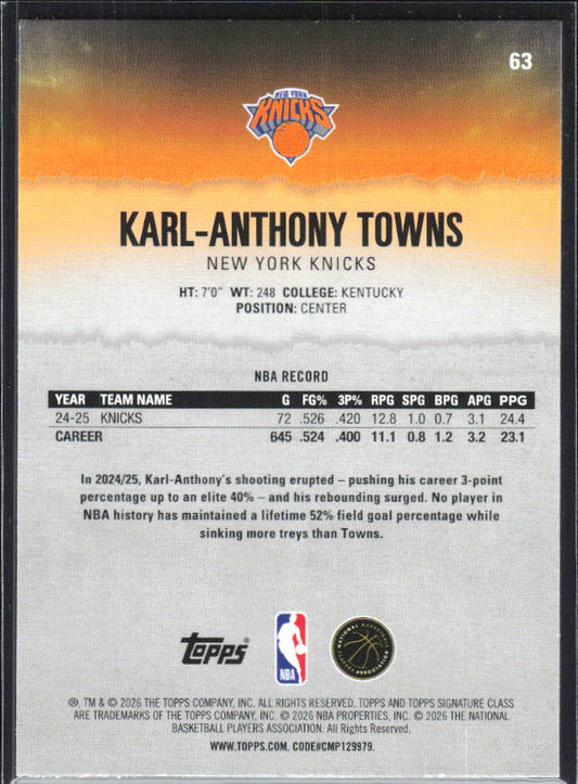 2025-26 Topps Signature Class #63 Karl-Anthony Towns – baksida