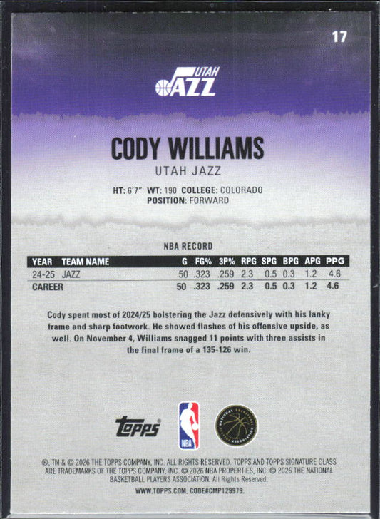 2025-26 Topps Signature Class #17 Cody Williams – baksida