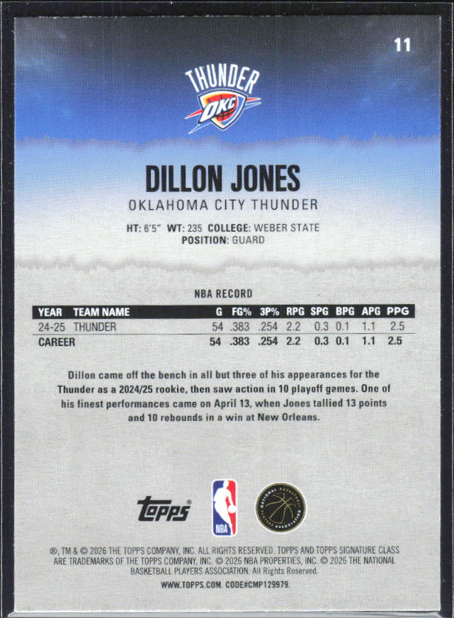 2025-26 Topps Signature Class #11 Dillon Jones – baksida