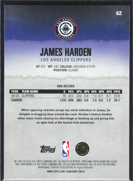 2025-26 Topps Signature Class #62 James Harden – baksida
