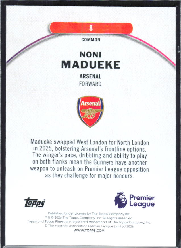 2025-26 Topps Finest Premier League #8 Noni Madueke – baksida