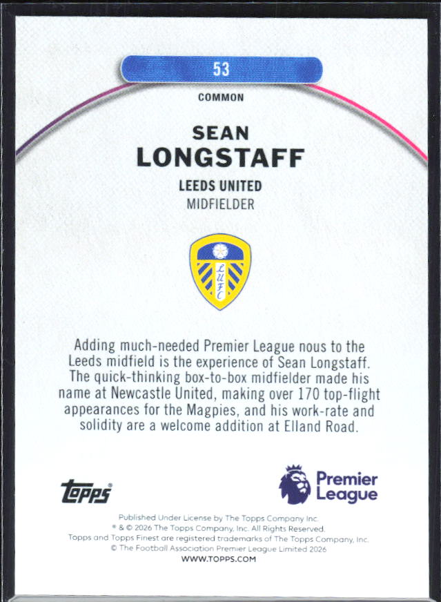 2025-26 Topps Finest Premier League #53 Sean Longstaff – baksida