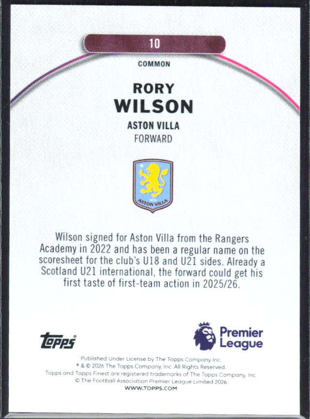 2025-26 Topps Finest Premier League #10 Rory Wilson – baksida