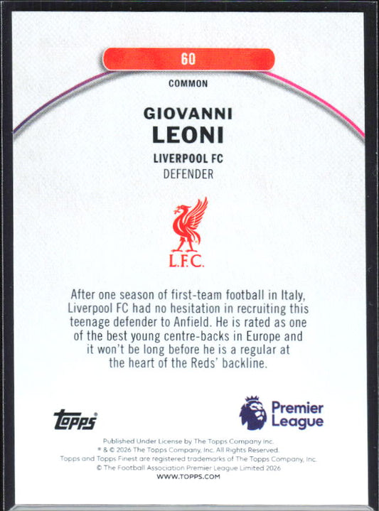 2025-26 Topps Finest Premier League #60 Giovanni Leoni – baksida