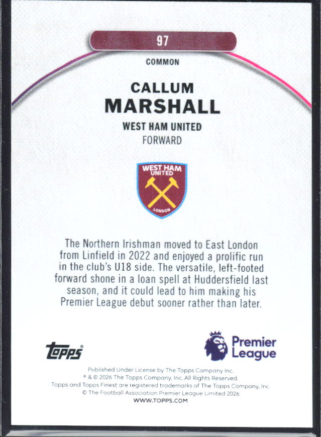 2025-26 Topps Finest Premier League #97 Callum Marshall – baksida