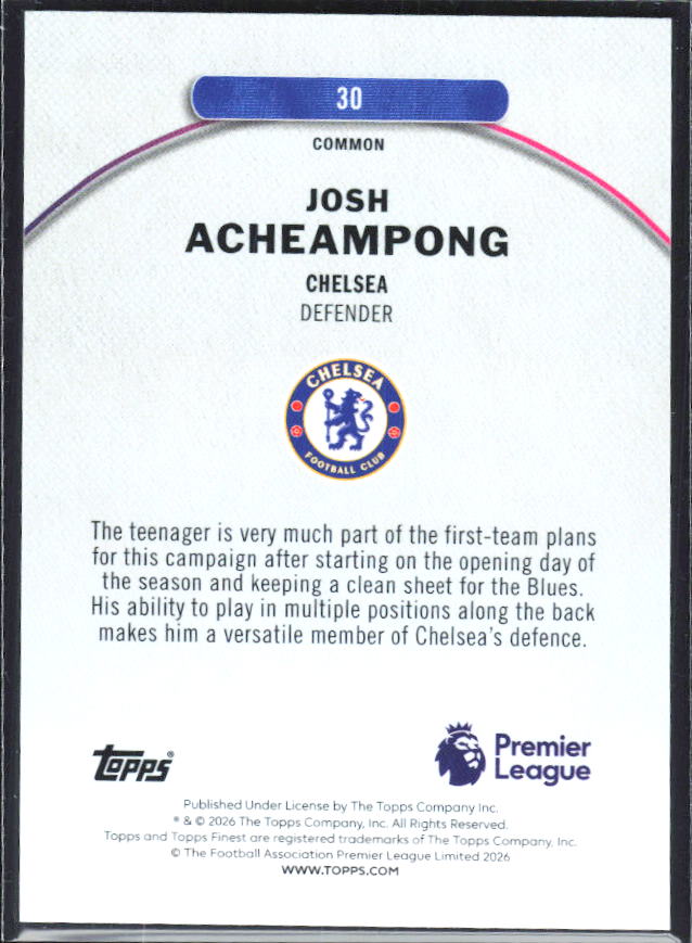 2025-26 Topps Finest Premier League #30 Josh Acheampong – baksida