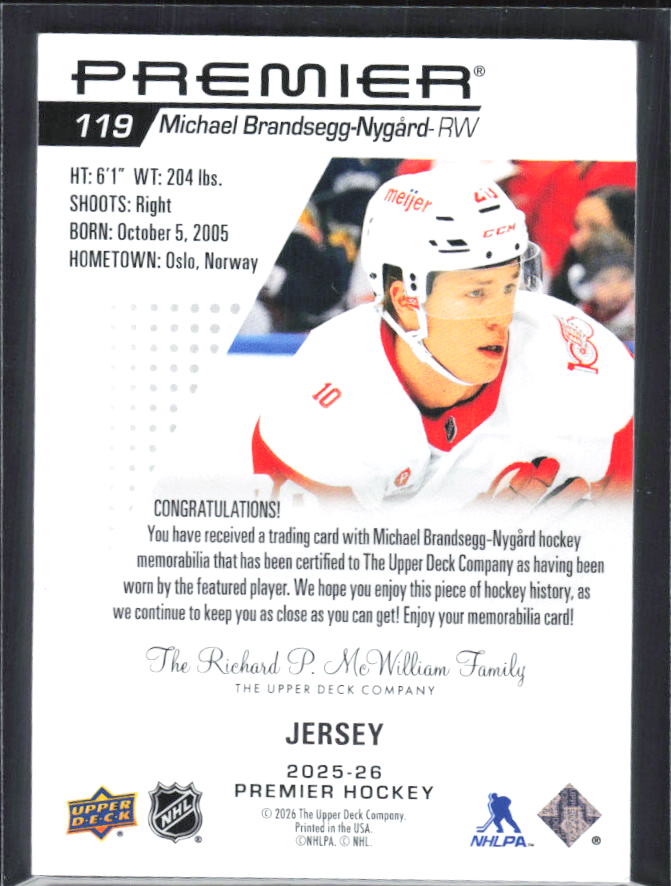 2025-26 Upper Deck Premier Michael Brandsegg-Nygård #119 Rookie Jersey – baksida