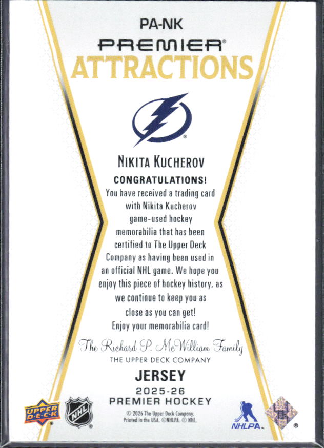 2025-26 Upper Deck Premier Nikita Kucherov #PA-NK Premier Attractions Jersey 85/99 – baksida