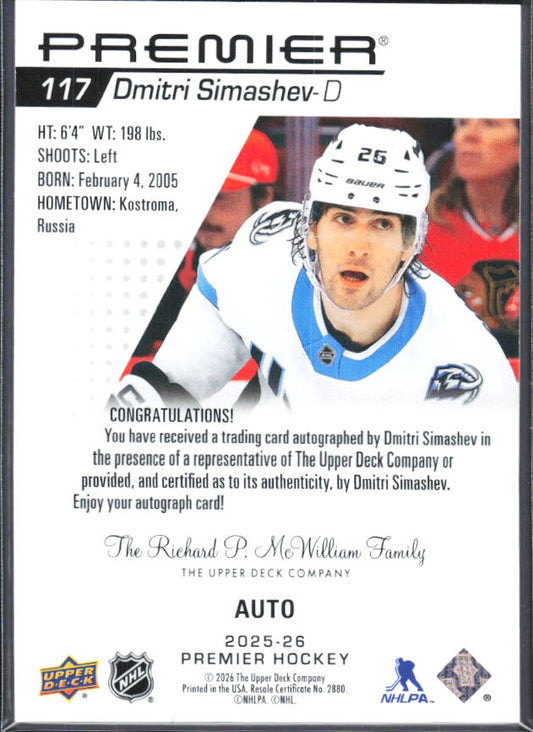 2025-26 Upper Deck Premier Dmitri Simashev #117 Rookie Auto – baksida