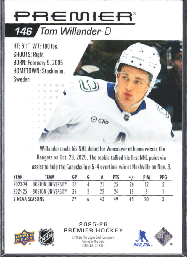 2025-26 Upper Deck Premier Tom Willander #146 Rookie 183/399 – baksida