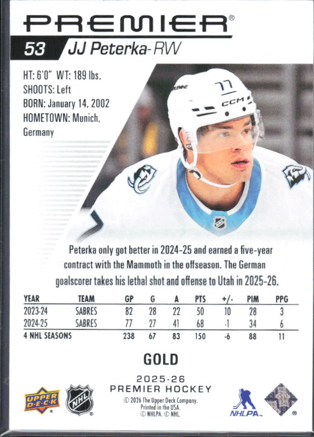 2025-26 Upper Deck Premier JJ Peterka #53 Gold 64/65 – baksida