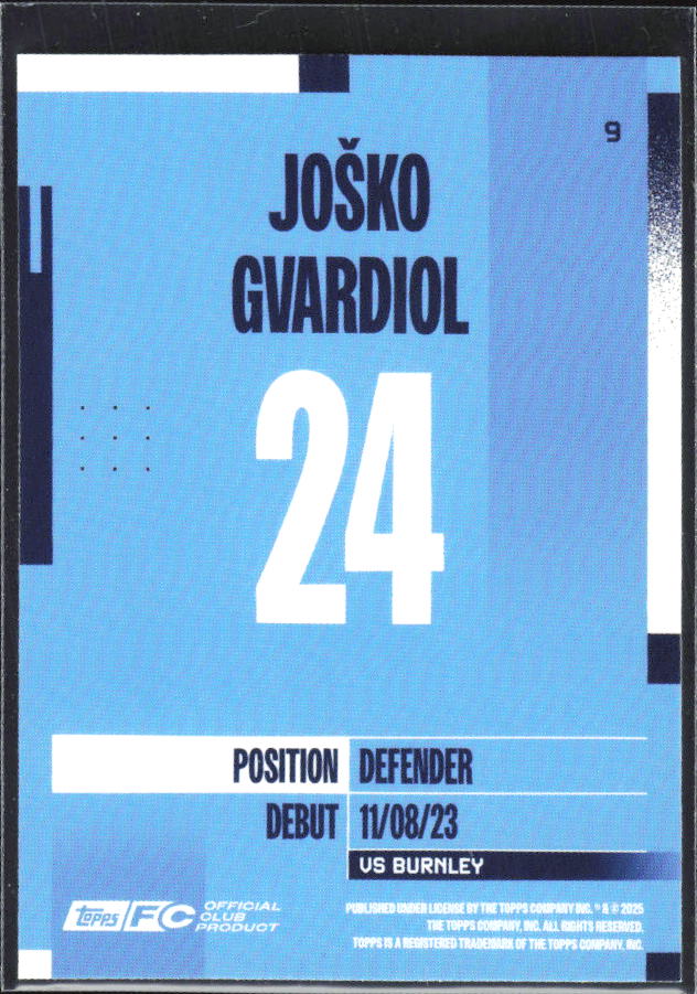 2024-25 Topps Manchester City Team Set #9 Josko Gvardiol – baksida