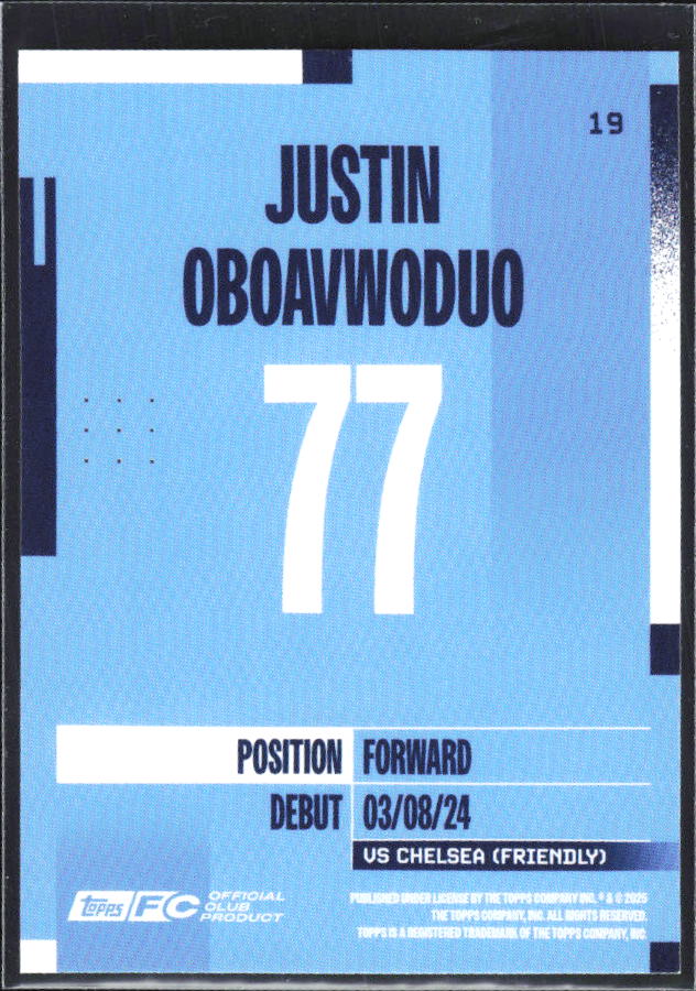 2024-25 Topps Manchester City Team Set #19 Justin Oboavwoduo – baksida