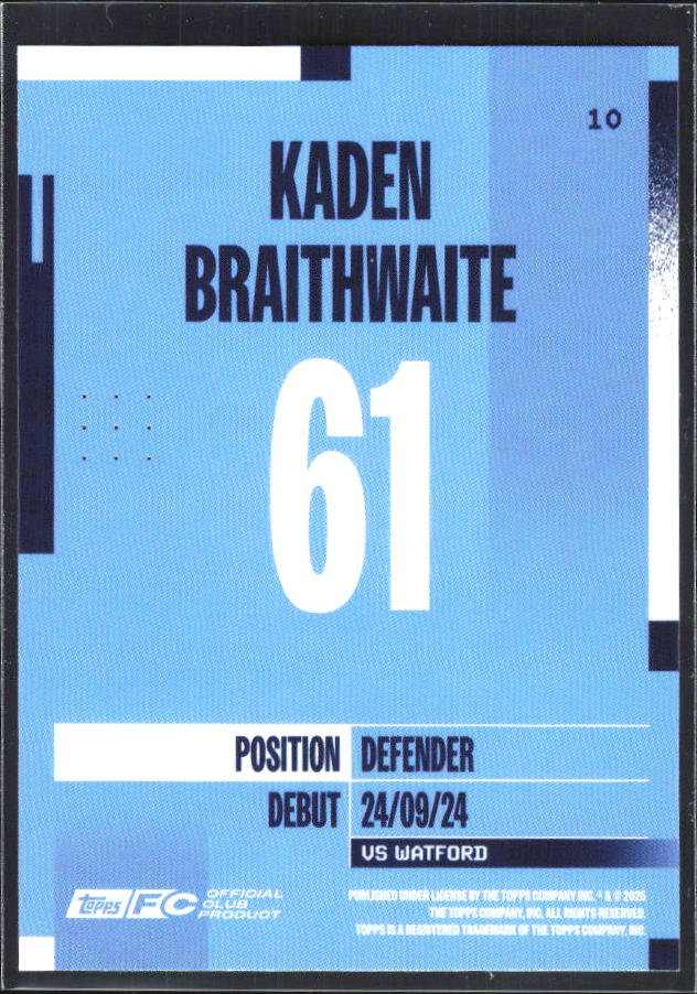 2024-25 Topps Manchester City Team Set #10 Kaden Braithwaite – baksida