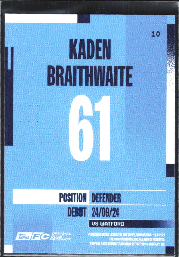 2024-25 Topps Manchester City Team Set #10 Kaden Braithwaite – baksida