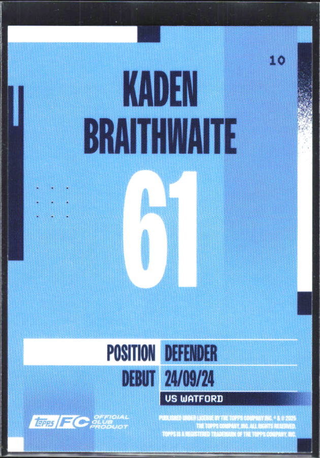 2024-25 Topps Manchester City Team Set #10 Kaden Braithwaite – baksida