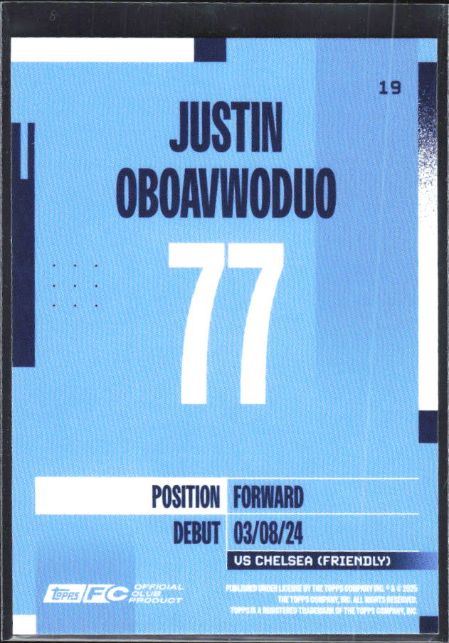 2024-25 Topps Manchester City Team Set #19 Justin Oboavwoduo – baksida