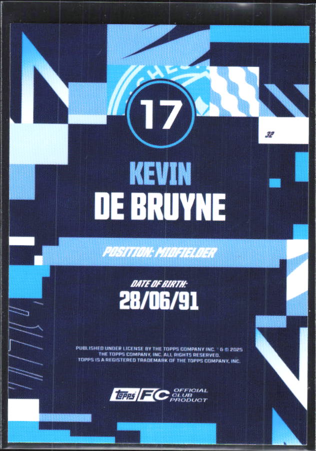 2024-25 Topps Manchester City Team Set #32 Kevin De Bruyne – baksida