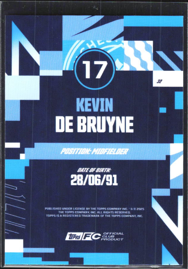 2024-25 Topps Manchester City Team Set #32 Kevin De Bruyne – baksida
