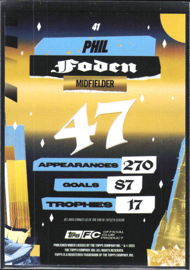 2024-25 Topps Manchester City Team Set #41 Phil Foden City of Champions – baksida