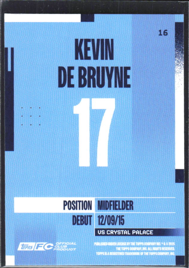 2024-25 Topps Manchester City Team Set #16 Kevin De Bruyne – baksida