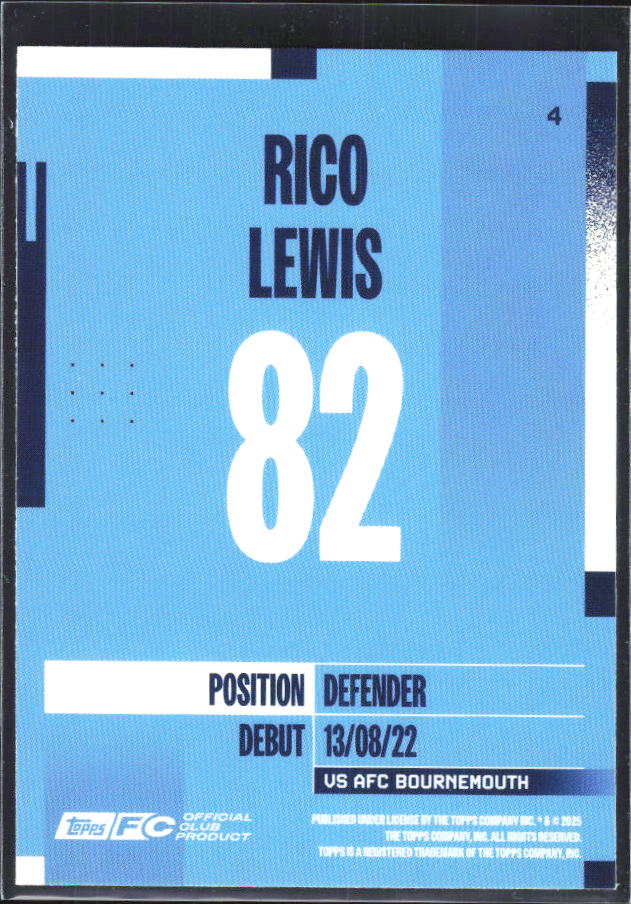 2024-25 Topps Manchester City Team Set #4 Rico Lewis – baksida
