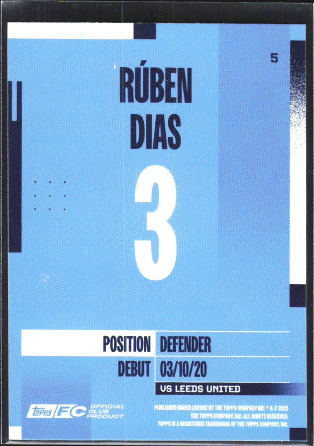 2024-25 Topps Manchester City Team Set #5 Rúben Dias – baksida